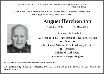 Traueranzeige von August Herchenhan 