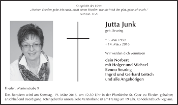 Traueranzeige von Jutta Junk 