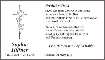 Traueranzeige von Sophie Hüfner 