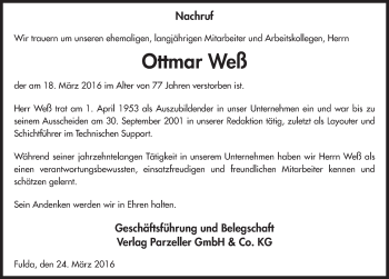 Traueranzeige von Ottmar Weß 