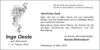 Traueranzeige von Inge Oeste 