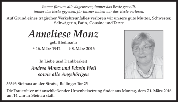 Traueranzeige von Anneliese Monz 