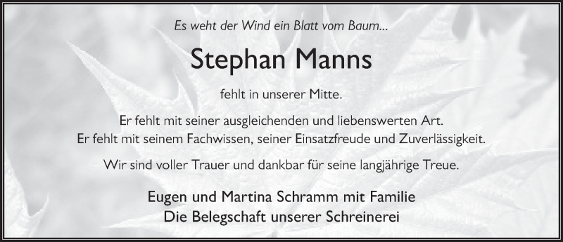  Traueranzeige für Stephan Manns vom 03.03.2016 aus 
