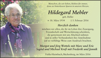 Traueranzeige von Hildegard Mehler 
