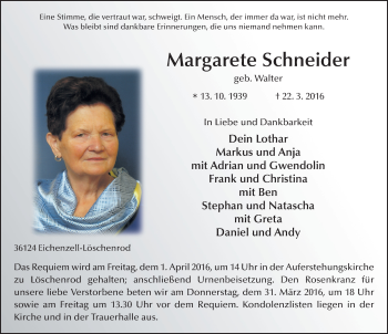 Traueranzeige von Margarete Schneider 