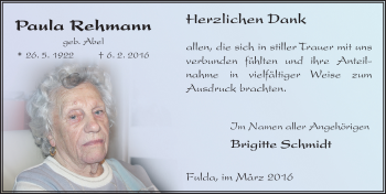 Traueranzeige von Paula Rehmann 