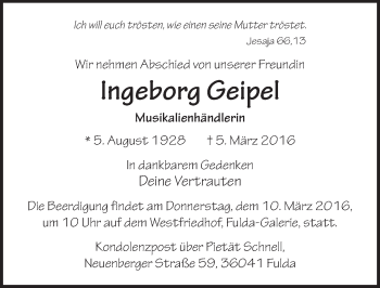 Traueranzeige von Ingeborg Geipel 