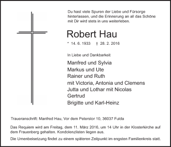 Traueranzeige von Robert Hau 