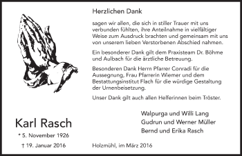 Traueranzeige von Karl Rasch 
