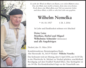 Traueranzeige von Wilhelm Nemelka 