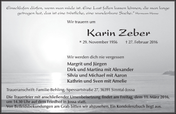 Traueranzeige von Karin Zeber 