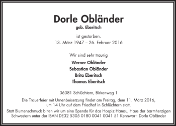 Traueranzeige von Dorle Obländer 