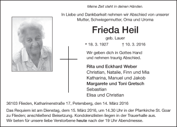 Traueranzeige von Frieda Heil 
