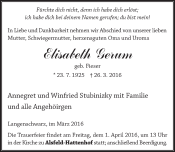 Traueranzeige von Elisabeth Gerum 