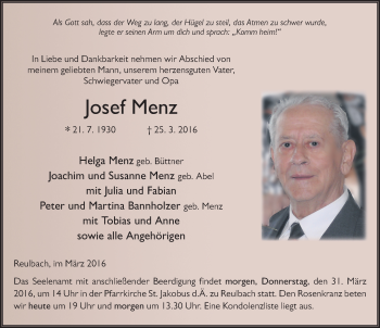 Traueranzeige von Josef Menz 