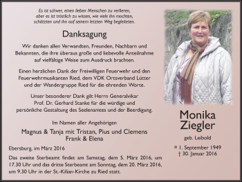 Traueranzeige von Monika Ziegler 