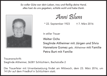 Traueranzeige von Anni Blum 