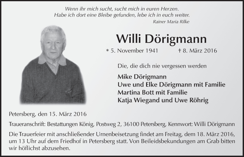  Traueranzeige für Willi Dörigmann vom 15.03.2016 aus 