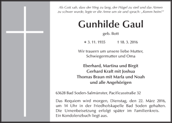 Traueranzeige von Gunhilde Gaul 