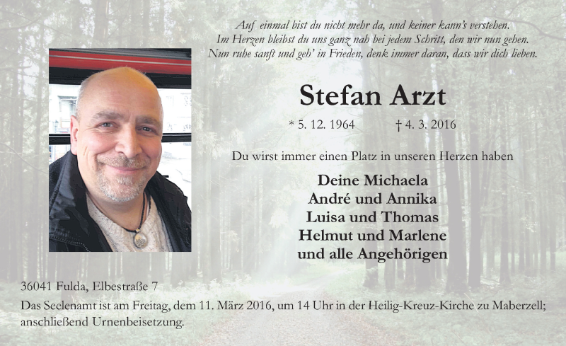  Traueranzeige für Stefan Arzt vom 08.03.2016 aus 