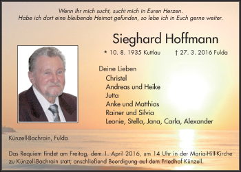 Traueranzeige von Sieghard Hoffmann 