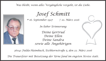 Traueranzeige von Josef Schmitt 