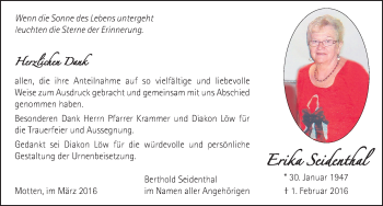 Traueranzeige von Erika Seidenthal 