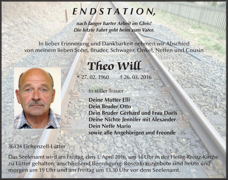  Traueranzeige für Theo Will vom 30.03.2016 aus 