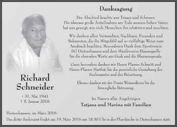 Traueranzeige von Richard Schneider 