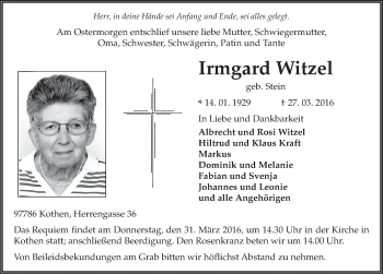 Traueranzeige von Imrgard Witzel 