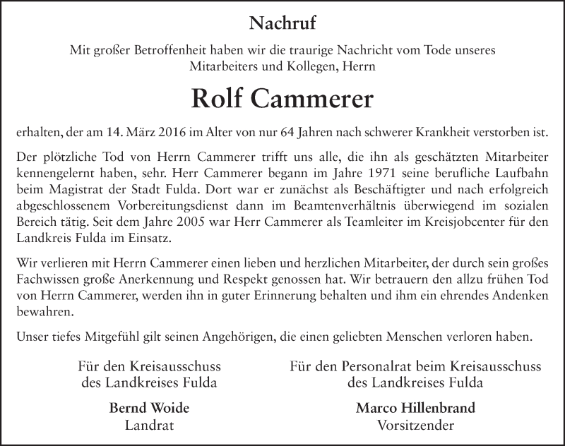  Traueranzeige für Rolf Cammerer vom 17.03.2016 aus 