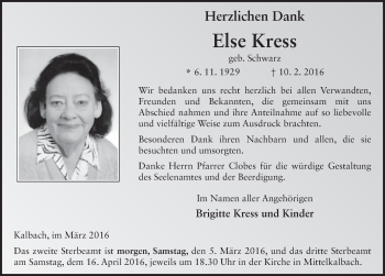 Traueranzeige von Else Kress 