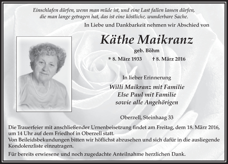  Traueranzeige für Käthe Maikranz vom 15.03.2016 aus 