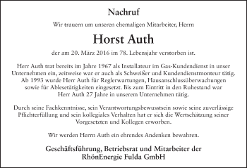 Traueranzeige von Horst Auth 