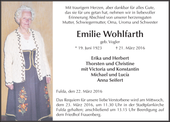 Traueranzeige von Emilie Wohlfarth 