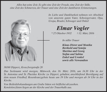 Traueranzeige von Elmar Vogler 