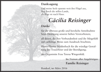 Traueranzeige von Cäcilia Reisinger 