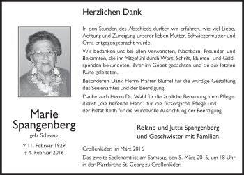 Traueranzeige von Marie Spangenberg 