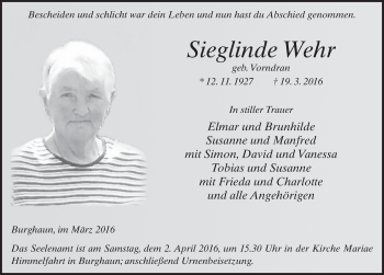 Traueranzeige von Sieglinde Wehr 