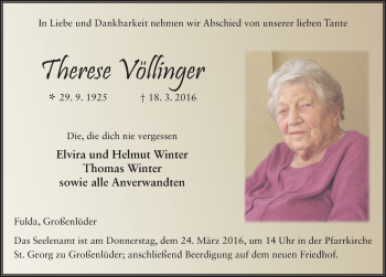 Traueranzeige von Therese Völlinger 