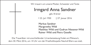 Traueranzeige von Irmgard Anna Sandner 