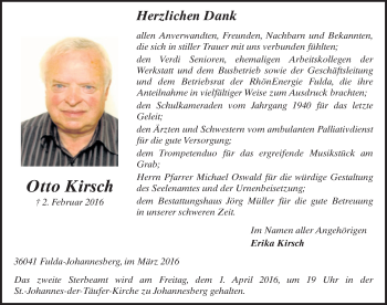 Traueranzeige von Otto Kirsch 