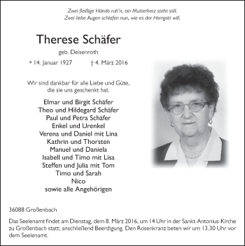 Traueranzeige von Therese Schäfer 