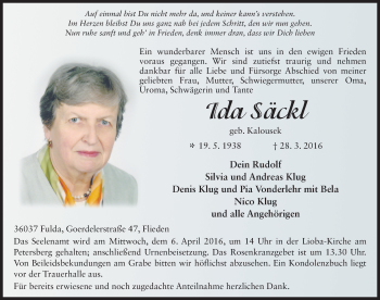 Traueranzeige von Ida Säckl 