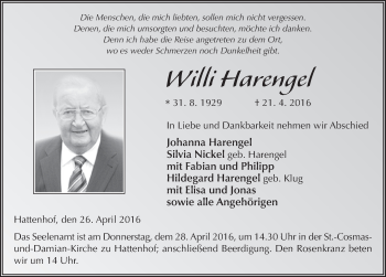 Traueranzeige von Willi Harengel 