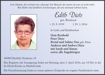 Traueranzeige von Edith Dietz 