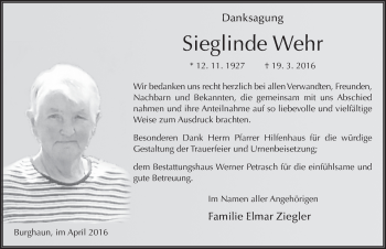 Traueranzeige von Sieglinde Wehr 
