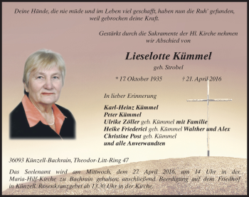 Traueranzeige von Lieselotte Kümmel geb Strobel 