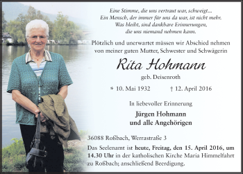 Traueranzeige von Rita Hohmann 