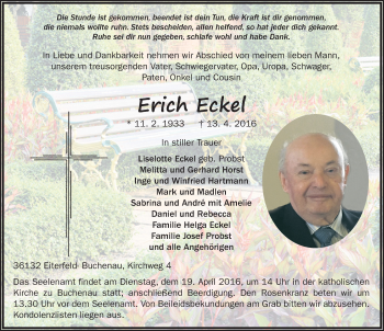 Traueranzeige von Erich Eckel 